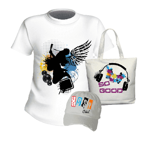 Custom printed T-shirt, cap, and tote bag